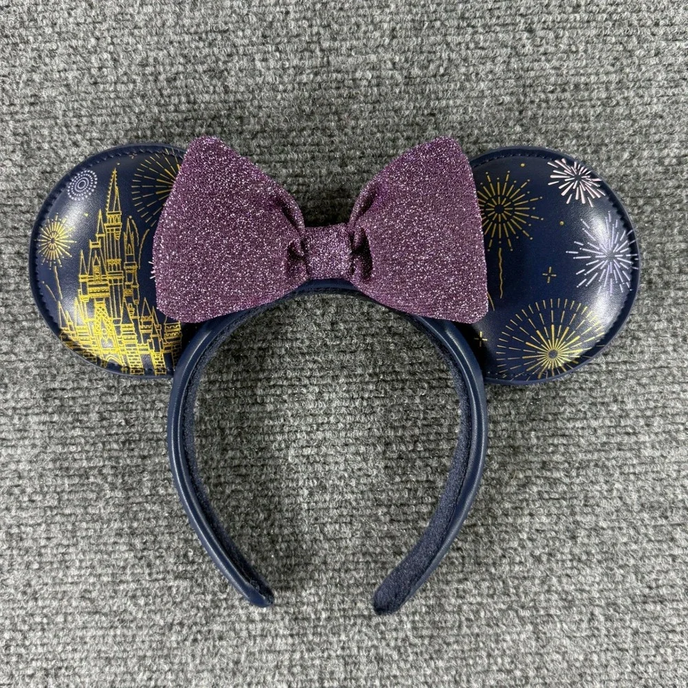 Disney Parks Minnie Mouse Ears Headband Navy Blue Gold Fireworks Purple Bow